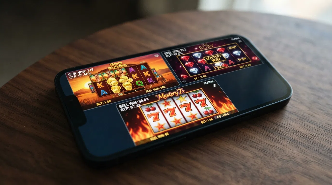 A selection of iSoftBet slot reel screens showing Roo Riches, The Ruby, and Mystery 7s in play with their RTP figures overlaid