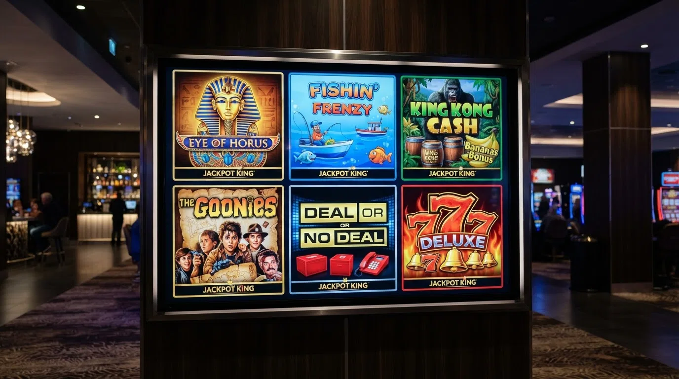 A grid of the most popular Jackpot King slot title cards — Eye of Horus, Fishin' Frenzy, King Kong Cash, The Goonies, Deal or No Deal, and 7s Deluxe — arranged to show their visual variety against a dark casino-lobby background