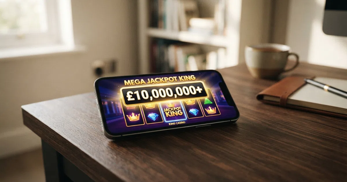 A UK mobile phone screen displaying a row of progressive jackpot slot game tiles, with a highlighted Mega Moolah-style jackpot total in the millions of pounds above them.