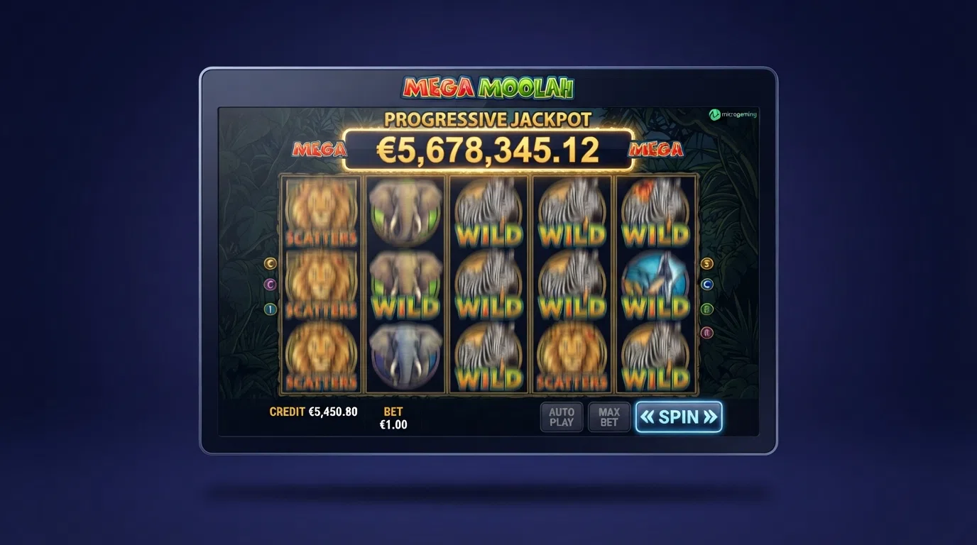 A slot game screen showing five reels and a large progressive jackpot counter
