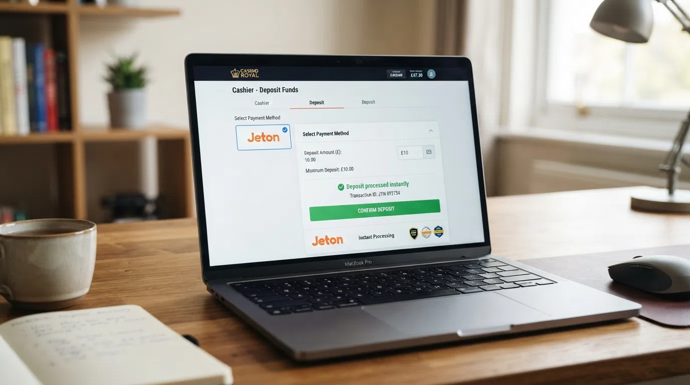 An online casino banking page with Jeton selected as the deposit method, showing a £10 minimum deposit field and a confirmation message reading “deposit processed instantly.”