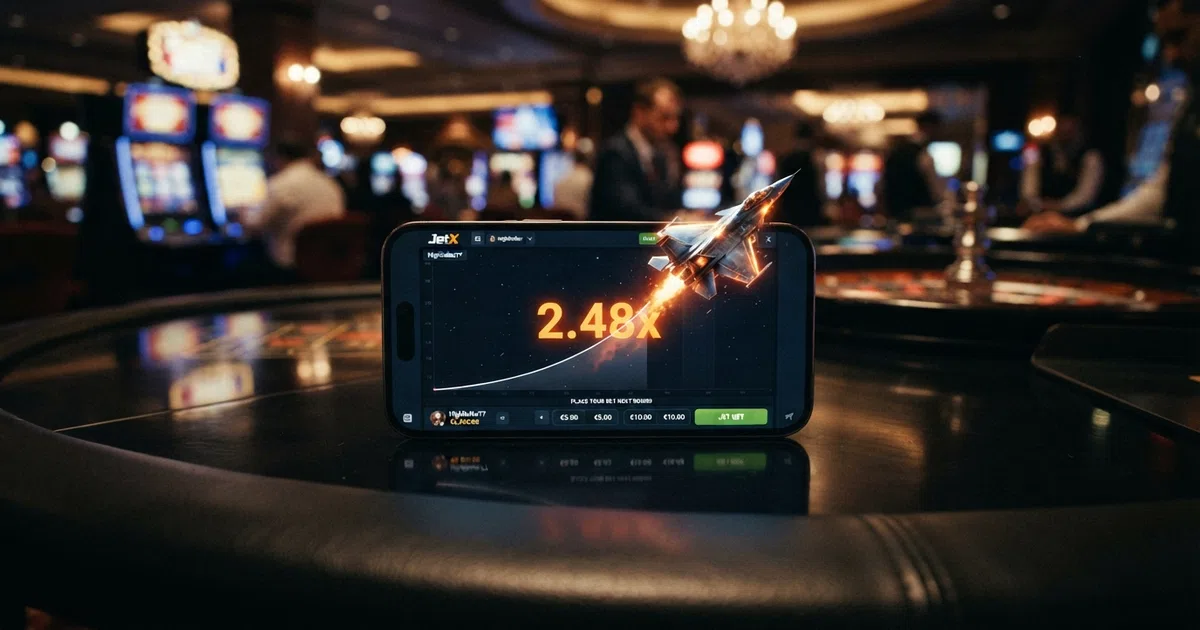 A fighter jet climbing a multiplier graph against a dark casino-themed background, with a cashout button glowing at the centre of the frame