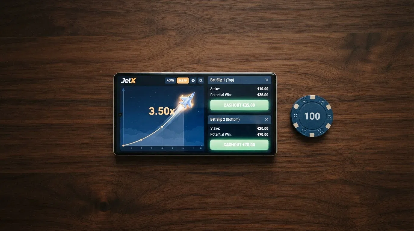 A split-screen view of a JetX round: the rising multiplier on one side and the cashout panel with two independent bet slips on the other