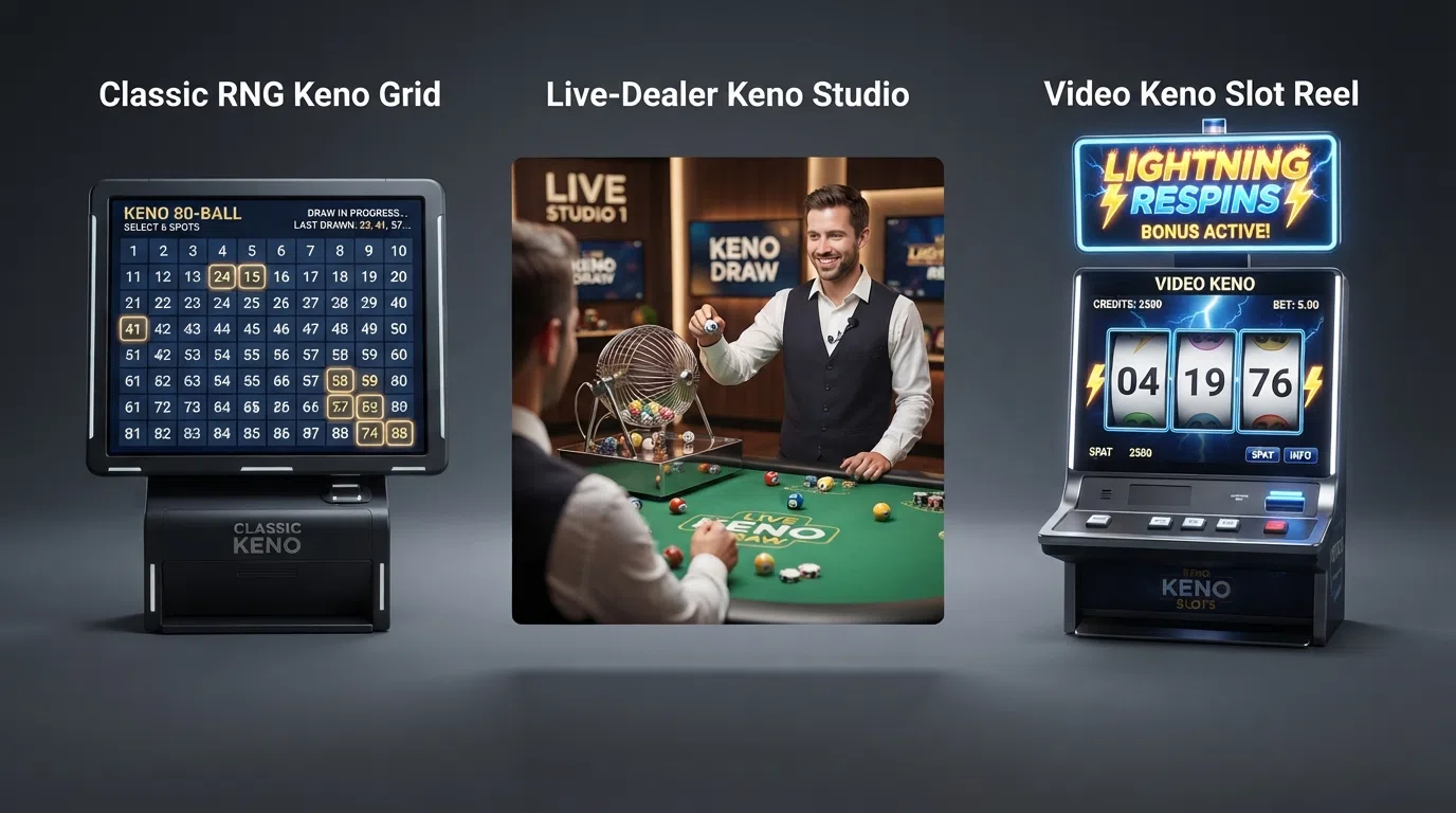 Three keno format screens side by side — an RNG draw grid, a live-dealer studio feed and a video-style keno slot reel