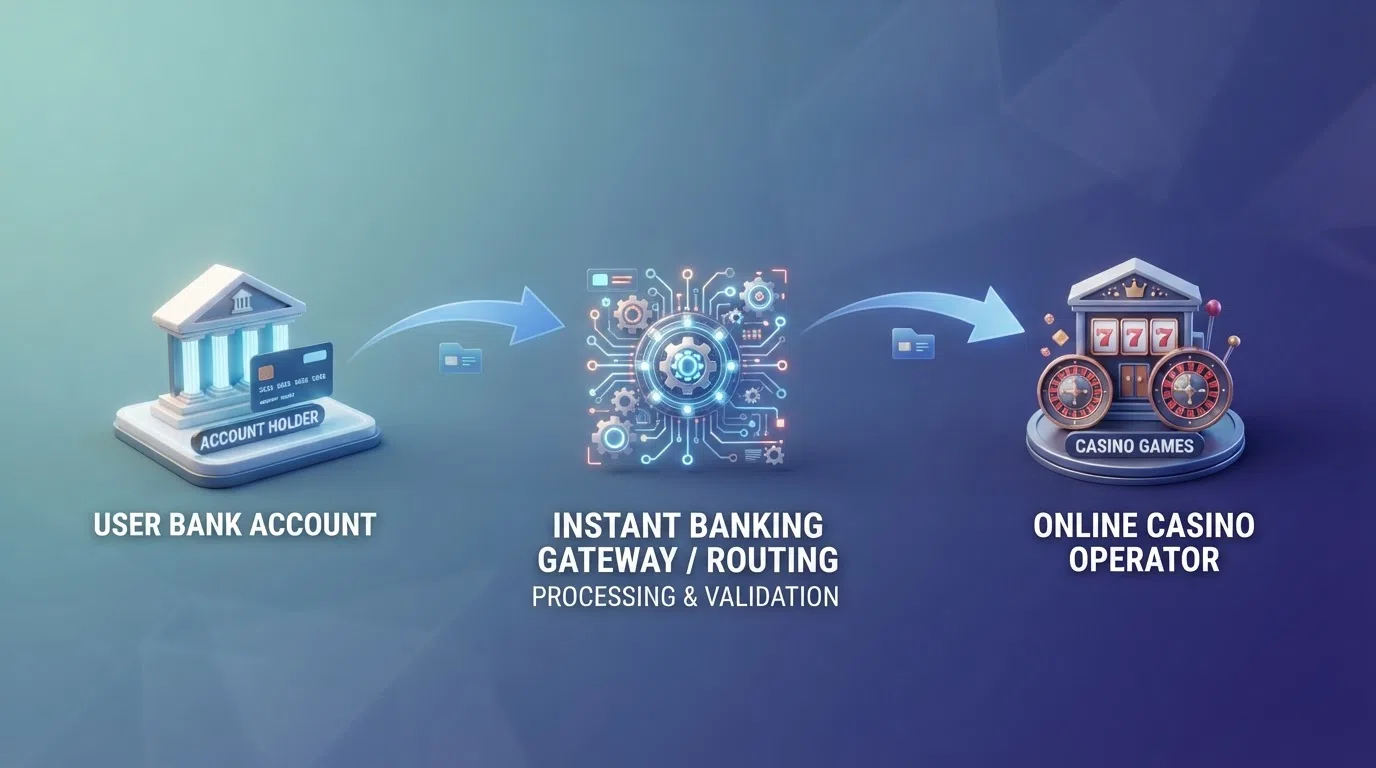 A step-by-step diagram of the Klarna instant banking flow from a player's bank account through Klarna's routing to the casino operator