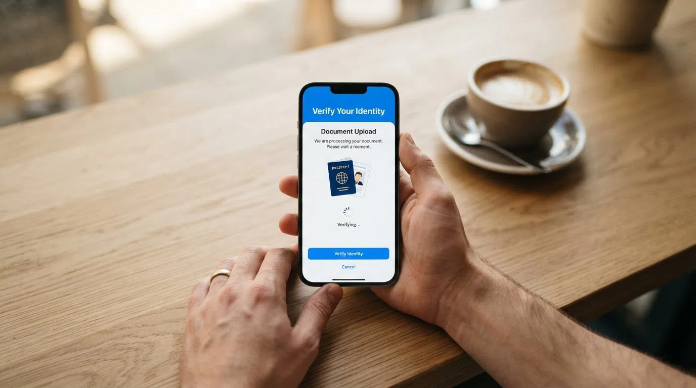 A smartphone held in one hand showing a document-upload screen with a passport icon and a “Verify Identity” button, with a cup of coffee beside it suggesting the short wait.