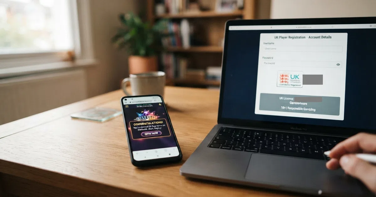 A laptop screen showing a UKGC-licensed casino registration form beside a smartphone displaying a free-spins claim confirmation with the padlock symbol in the browser bar