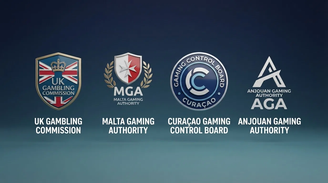 Four casino licence badges arranged side by side: UKGC, Malta Gaming Authority, Curaçao Gaming Control Board and Anjouan Gaming Authority, each with its issuing country labelled