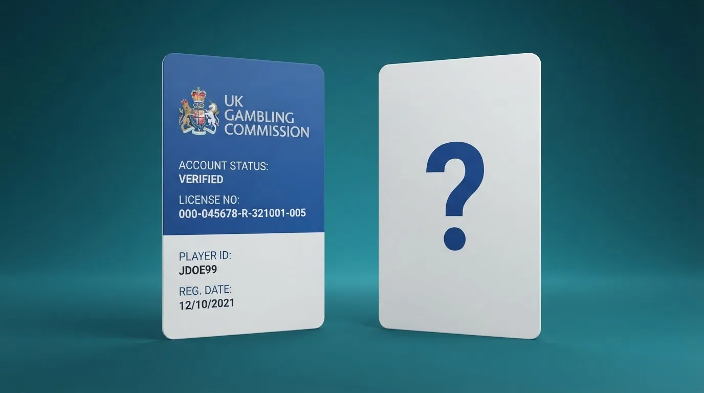 Two casino profiles side by side, one showing a UK Gambling Commission badge and one showing a question mark over its licence