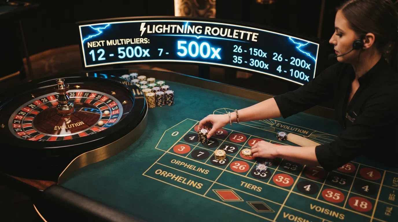 A close-up of an Evolution Lightning Roulette table showing the Lucky Number multiplier display above the wheel with glowing numbers lit up