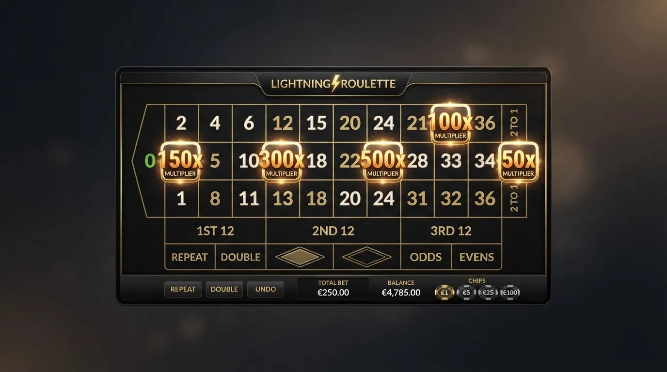 The Lightning Roulette betting grid on-screen with 1–5 Lucky Numbers highlighted and their 50x–500x multipliers displayed next to each