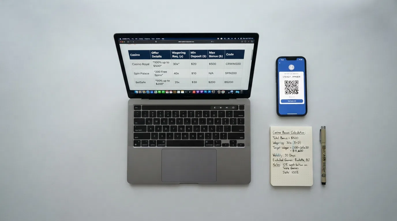 A top-down view of a desk with a laptop open to a casino comparison page, a smartphone showing a Litecoin wallet QR code, and a notepad with handwritten bonus-apr figures