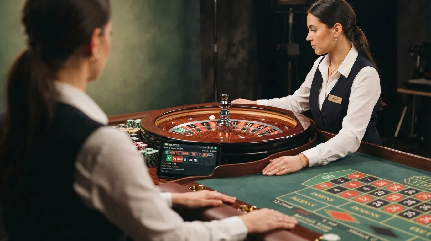 A live dealer standing behind an American roulette table in a studio with the betting interface overlay visible on screen