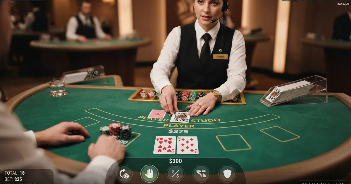 A live dealer seated at a blackjack table in a casino studio, dealing cards onto a green felt table with a card shoe visible, filmed from a player's-eye angle with on-screen betting interface overlaid