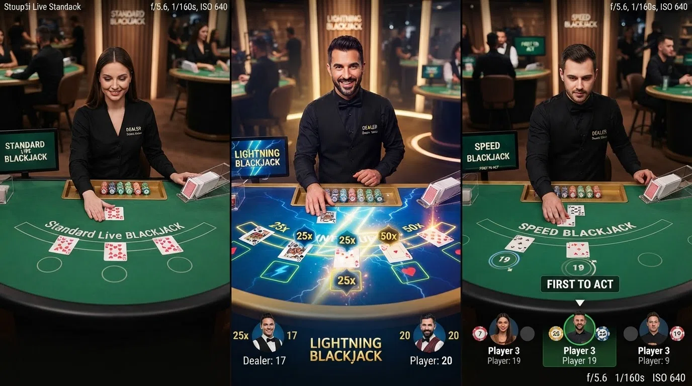 A split-screen view of three live blackjack tables in a studio — one standard, one with lightning-bolt multiplier graphics overlaid and one showing the Speed Blackjack interface with the first-to-act indicator