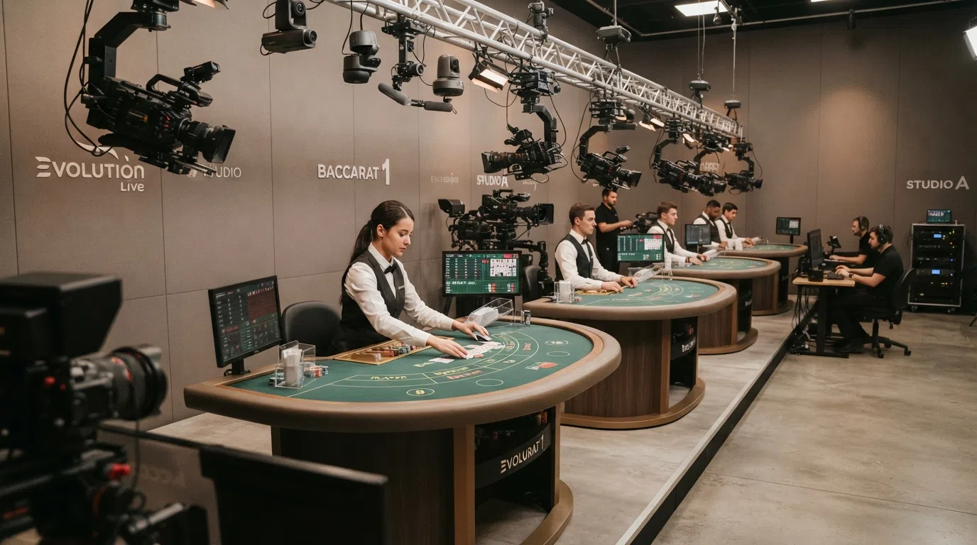 A wide shot of a live casino studio showing multiple baccarat tables, camera rigs and a dealer at one table mid-round