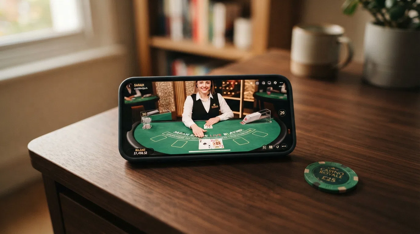A live dealer blackjack table streamed from a casino studio to a mobile device, with a British pound balance visible on screen