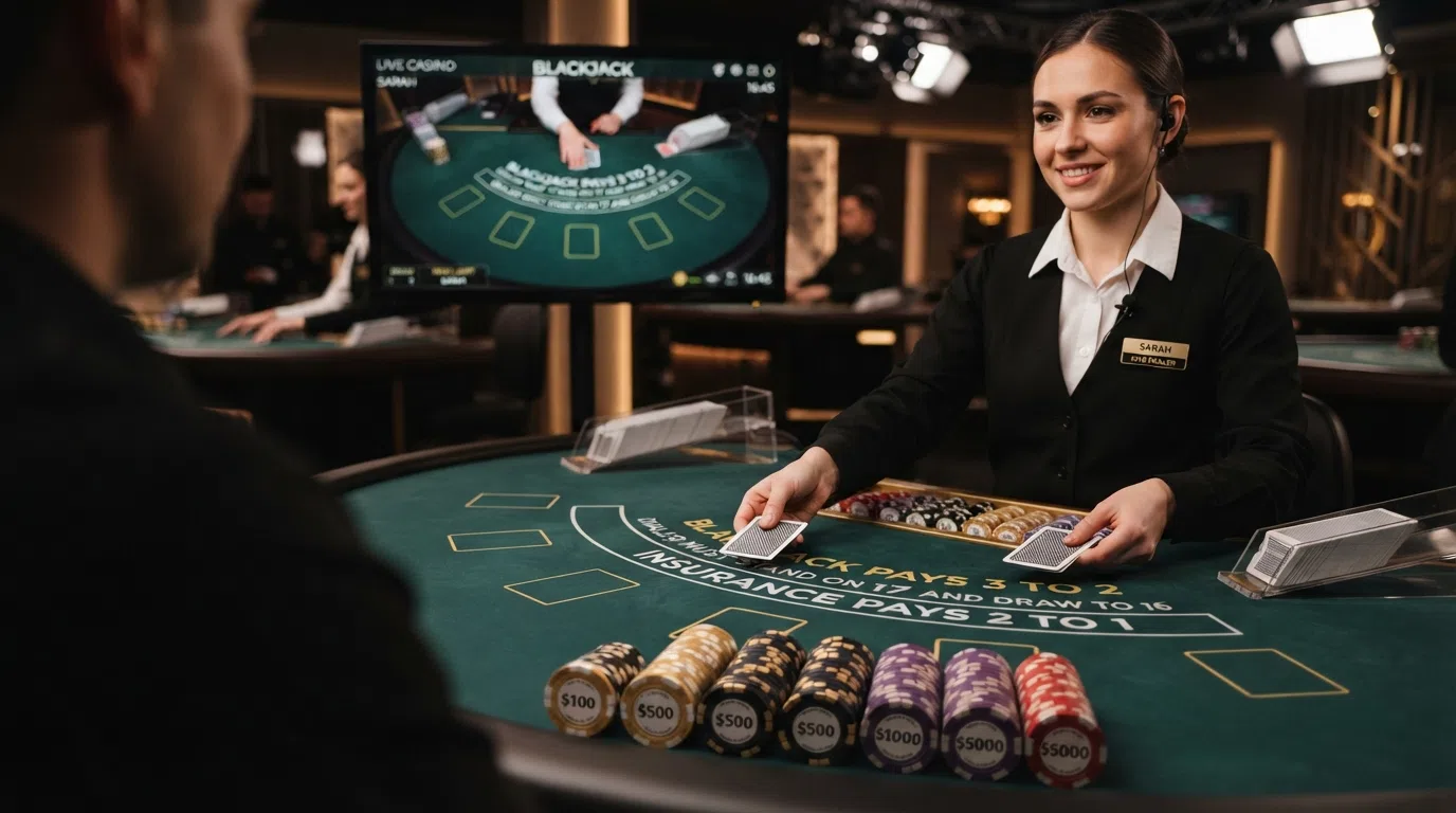 A close-up of a live dealer blackjack table streamed in high definition, with high-denomination chips visible in the foreground and a dealer's hand mid-deal
