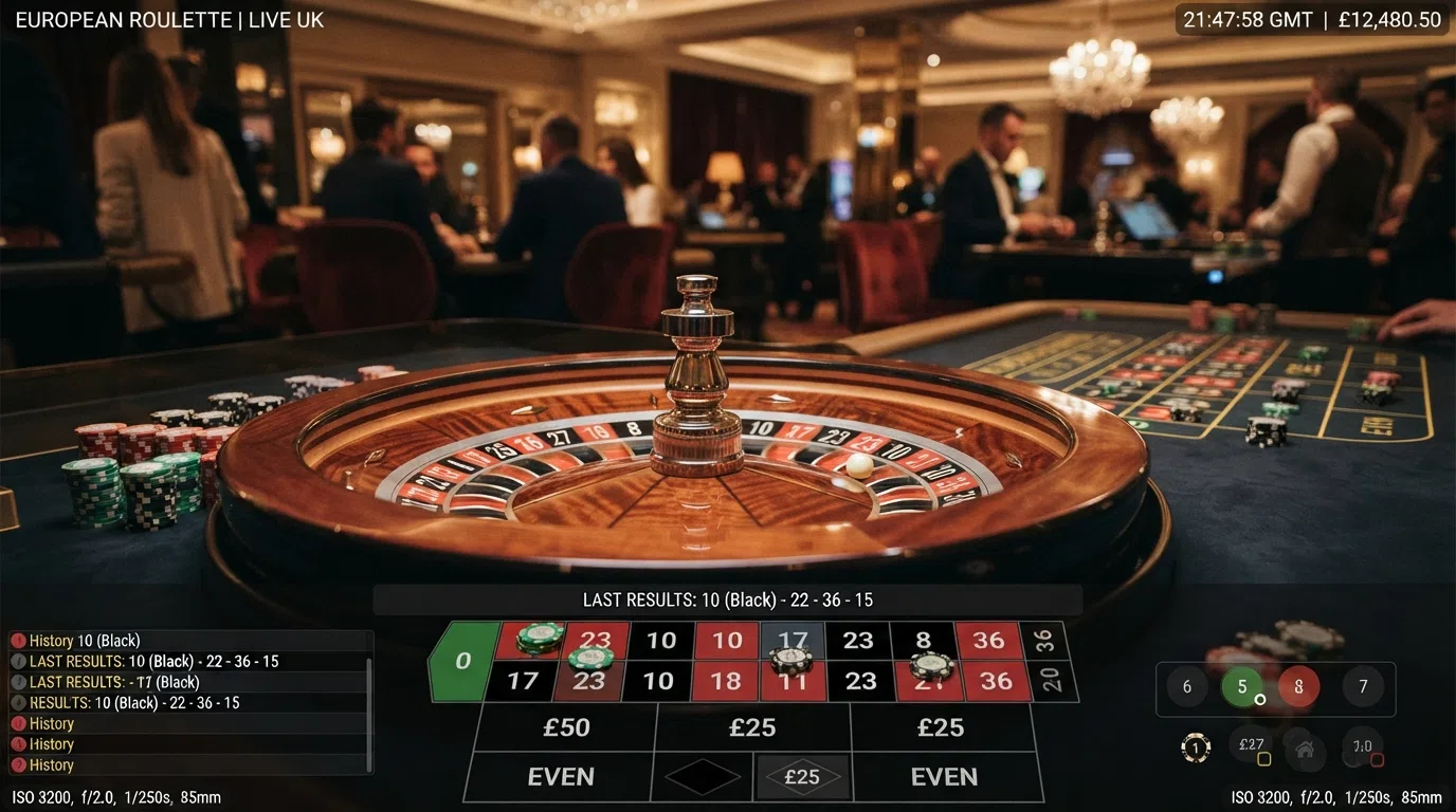 A close-up of a European roulette wheel mid-spin, the ball visible in a pocket, the betting grid interface overlaid on the stream