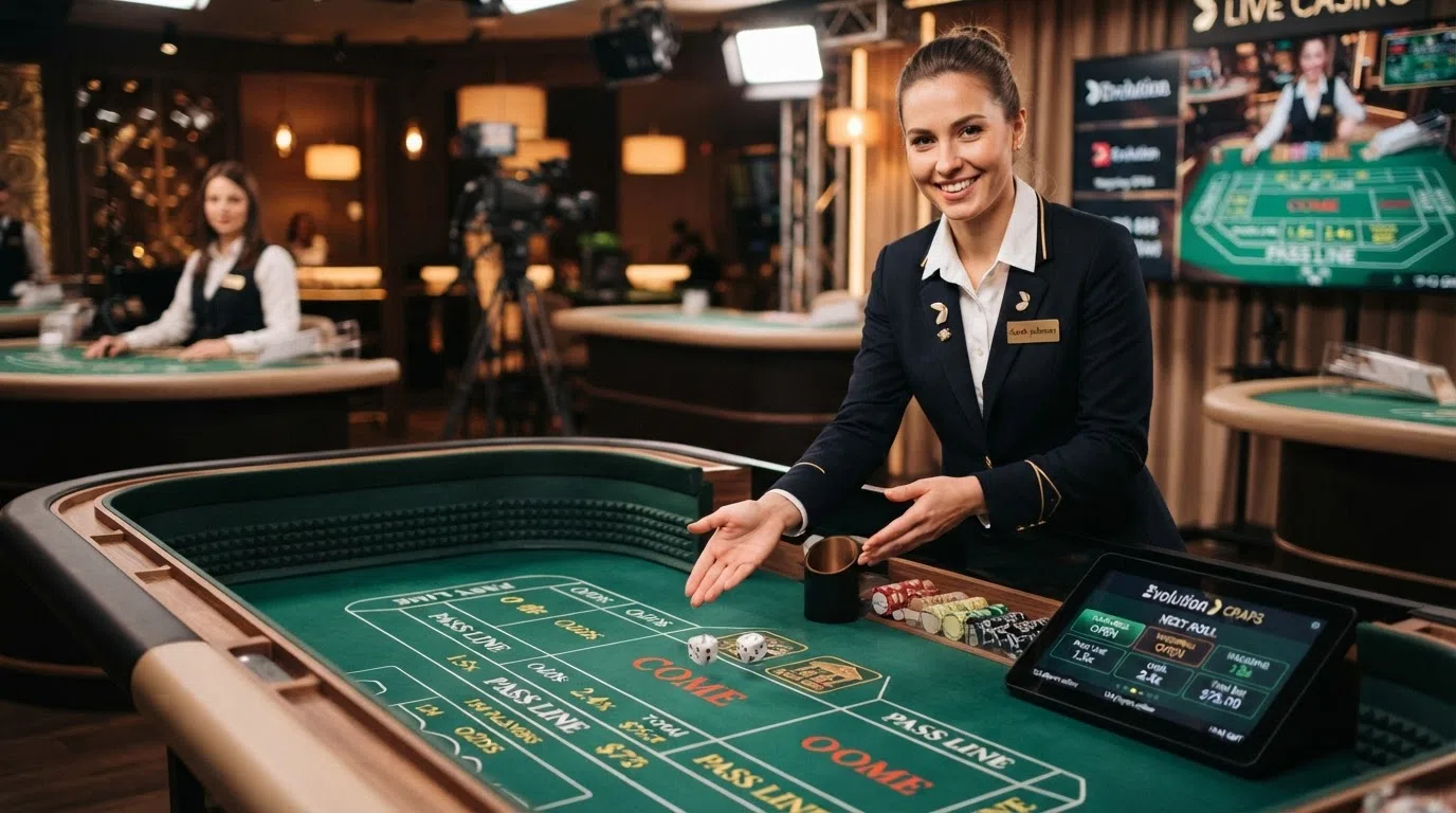 A live dealer in an Evolution Gaming studio standing behind a dice table, with the betting interface overlaid on screen showing dice-game wagering options
