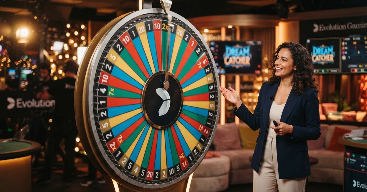 A live Dream Catcher money wheel in an Evolution studio, the host standing beside the 54-segment wheel with coloured number panels visible