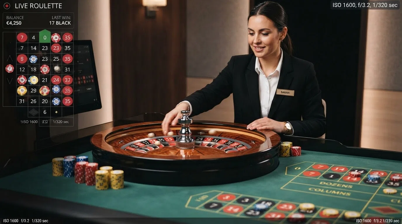Live dealer croupier spinning a European roulette wheel at a streamed casino table with the digital betting interface overlay visible on screen