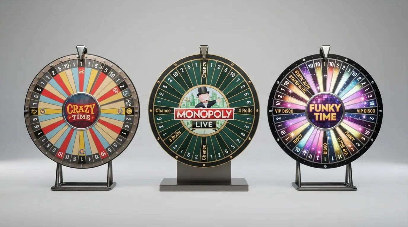 A split-screen view showing the distinctive wheel designs of Crazy Time, Monopoly Live and Funky Time side by side, each with its bonus-round trigger segments highlighted