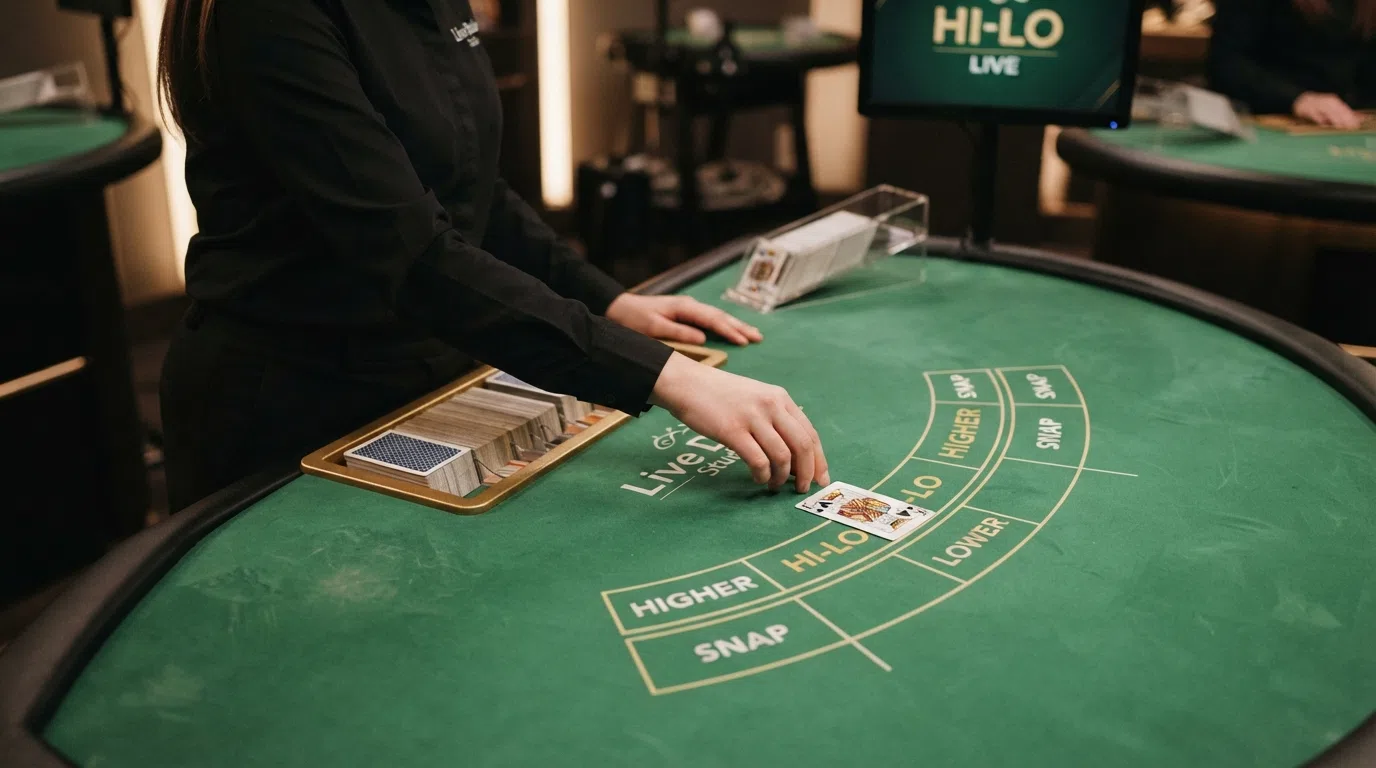 A live hi-lo dealer behind a casino table holding a deck of cards, with a game display showing the last drawn card and the Higher / Lower / Snap betting options on screen