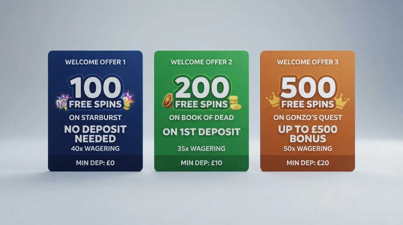 A side-by-side visual of UK casino welcome-offer cards showing free-spin counts, wagering terms and minimum-deposit figures in a comparison layout