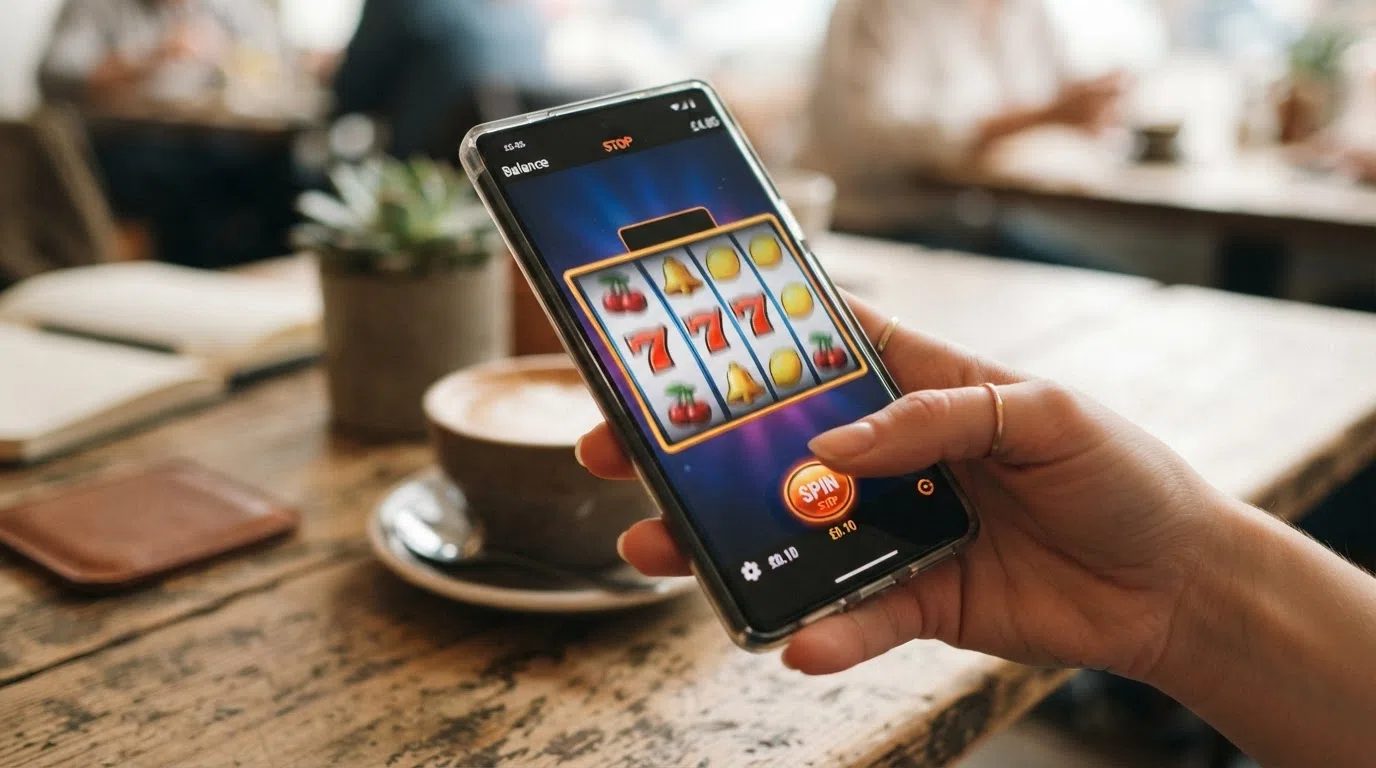 Five slot reels mid-spin on a mobile screen, with the stake-per-spin counter visible at £0.10 and the balance showing a low total