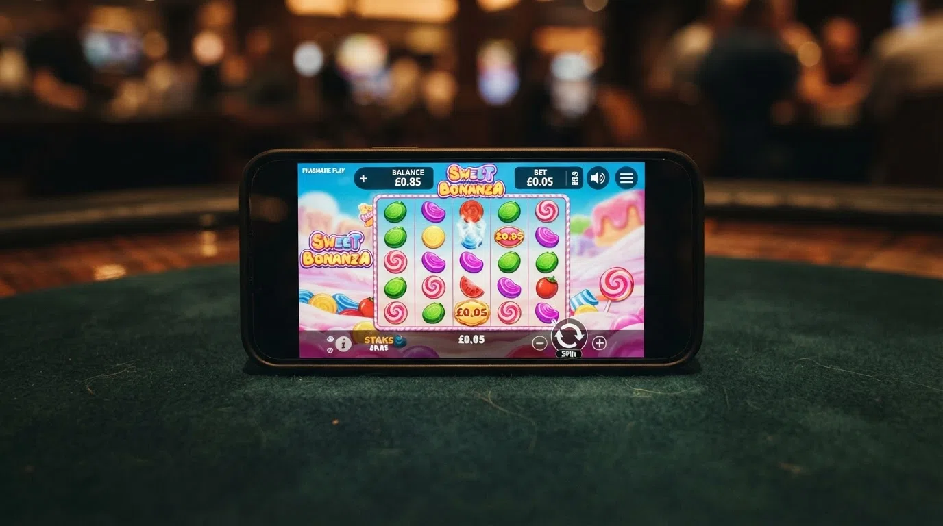 A close-up of a slot game screen showing a 5p stake per spin on a brightly coloured Pragmatic Play title, with the balance showing £0.85 remaining