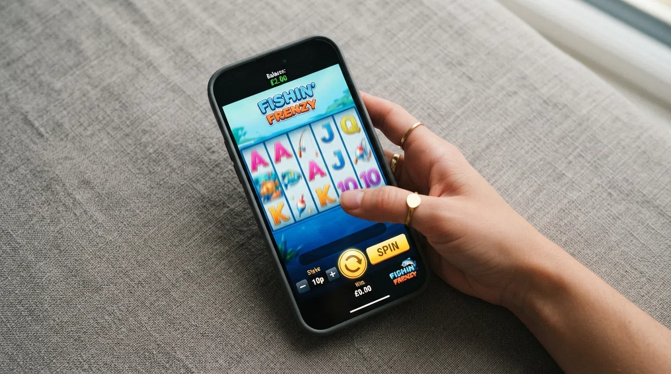A close-up of a mobile phone running an online slot game, with the stake selector set to 10p per spin and a balance display showing a £2.00 starting bankroll