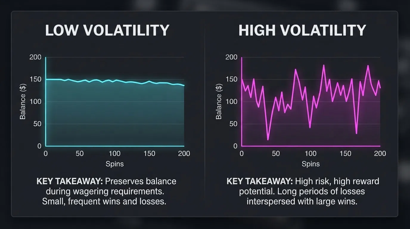 A side-by-side display of low-volatility vs high-volatility slot balance charts over 200 spins, with the low-volatility line staying flat and the high-volatility line showing sharp drops
