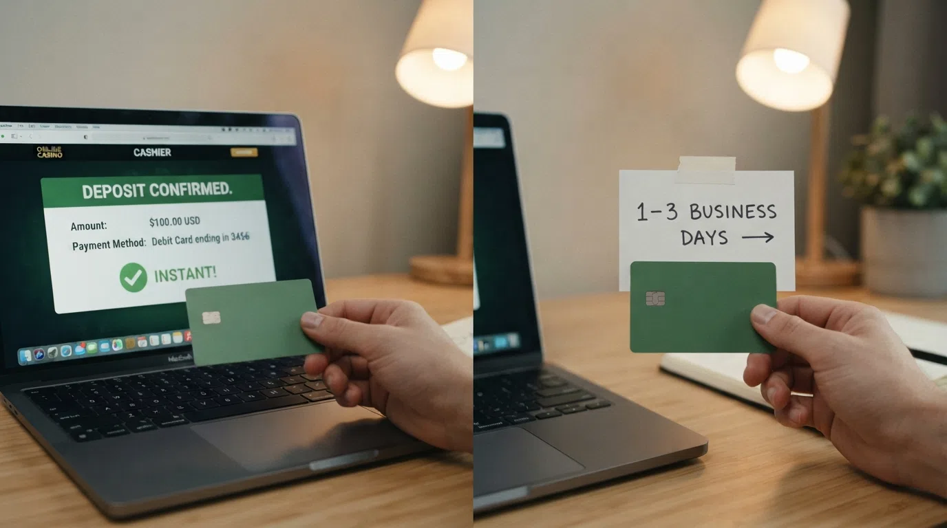 A two-step diagram of a card deposit arriving instantly and a withdrawal returning in days