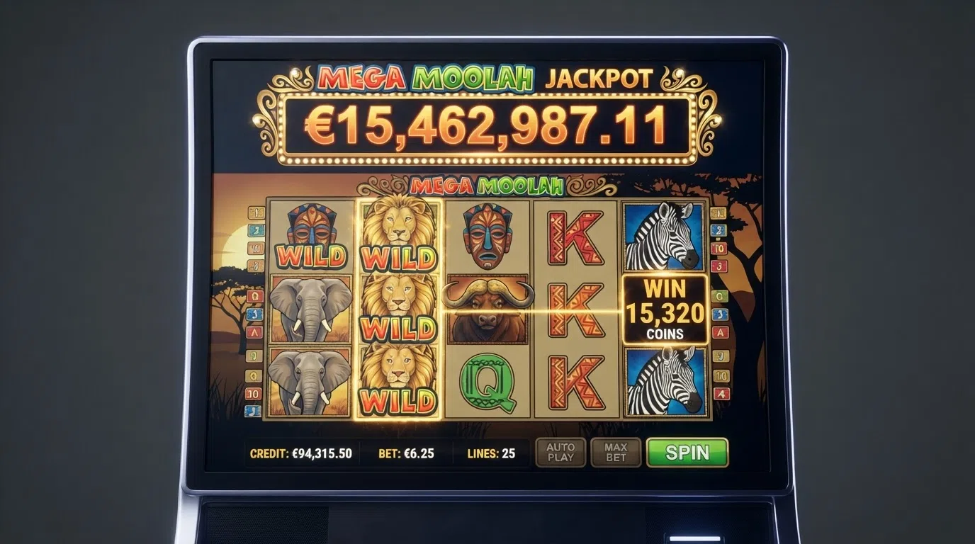 The Mega Moolah slot screen with a seven-figure jackpot total ticking up above the reels.