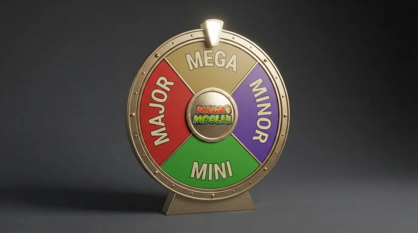 Close-up of the Mega Moolah jackpot bonus wheel divided into four coloured segments — a large green Mini slice, a purple Minor slice, a red Major slice and a narrow gold Mega segment at the top