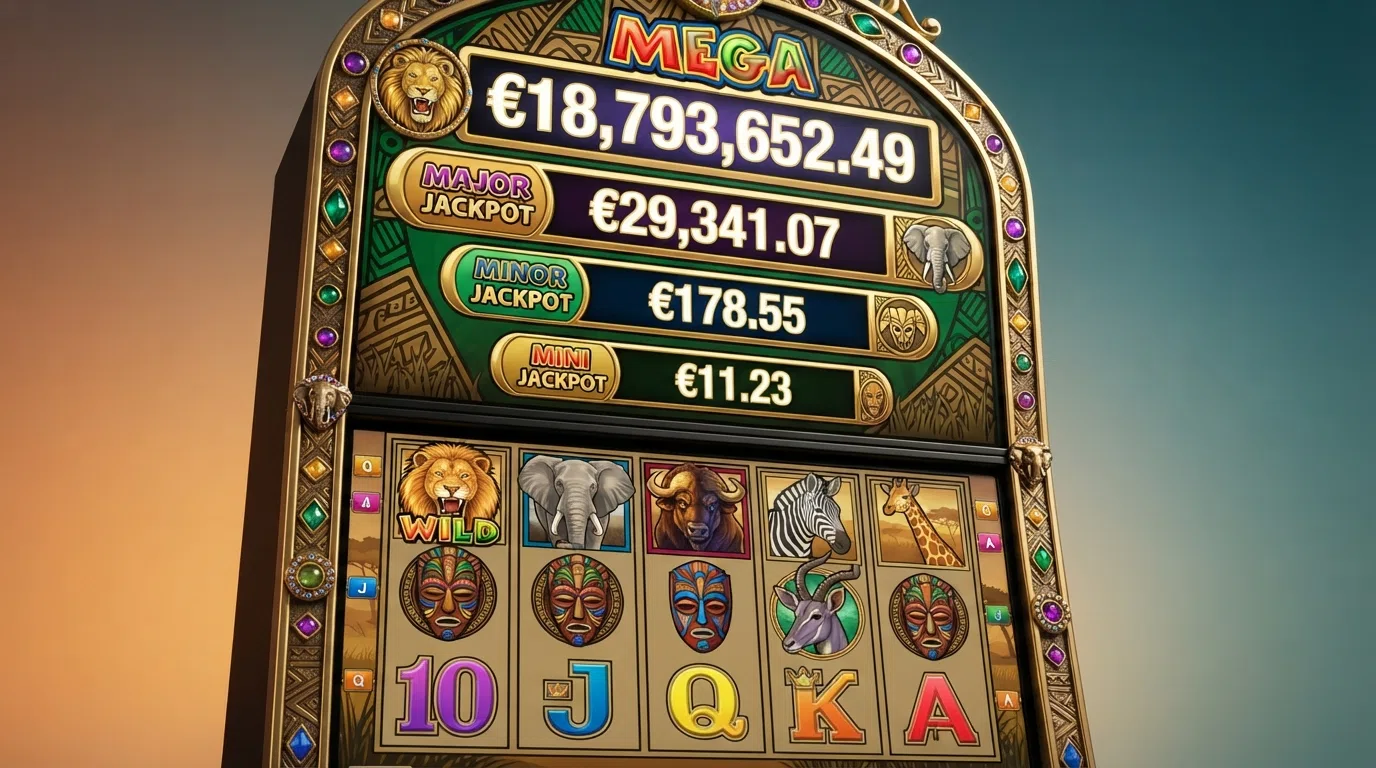 Mega Moolah's African-safari-themed reels with the four-tier progressive jackpot wheel displayed prominently above the game grid