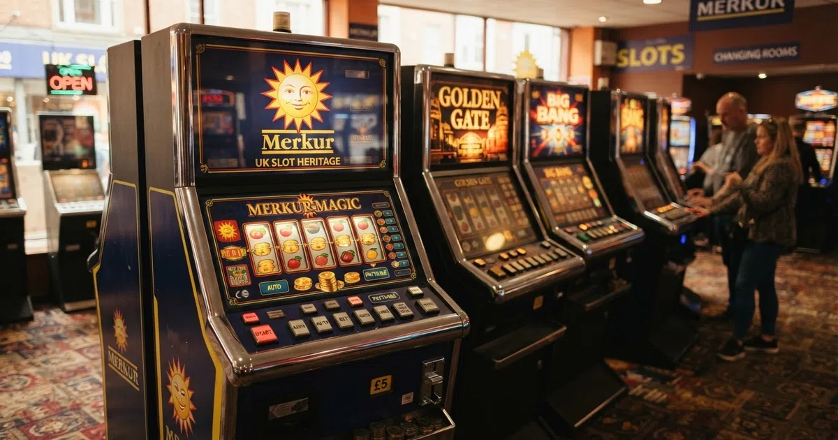 A row of colourful Merkur slot machine cabinets on a UK high-street gaming centre floor, with the Merkur sunburst logo visible on the top glass of the nearest cabinet