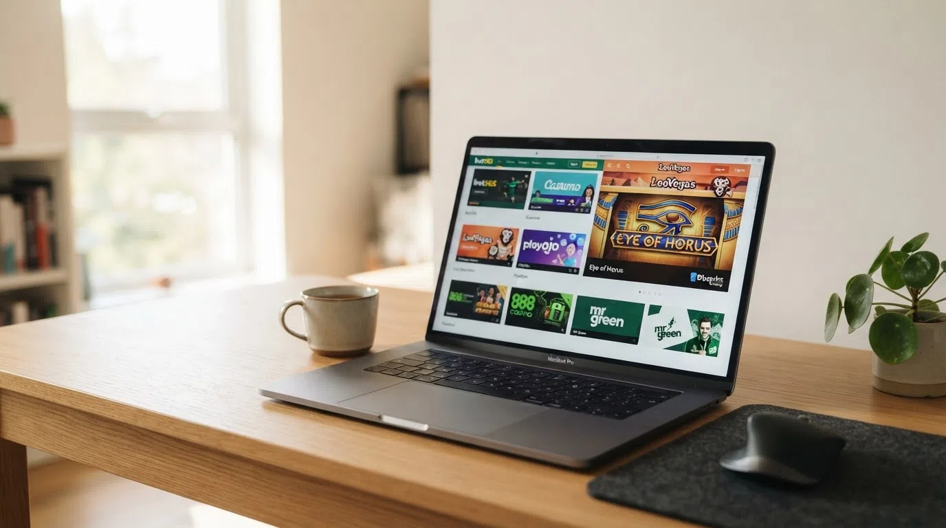 A laptop screen displaying a side-by-side grid of UK online casino homepages, with the Eye of Horus slot title card visible on one of the screens