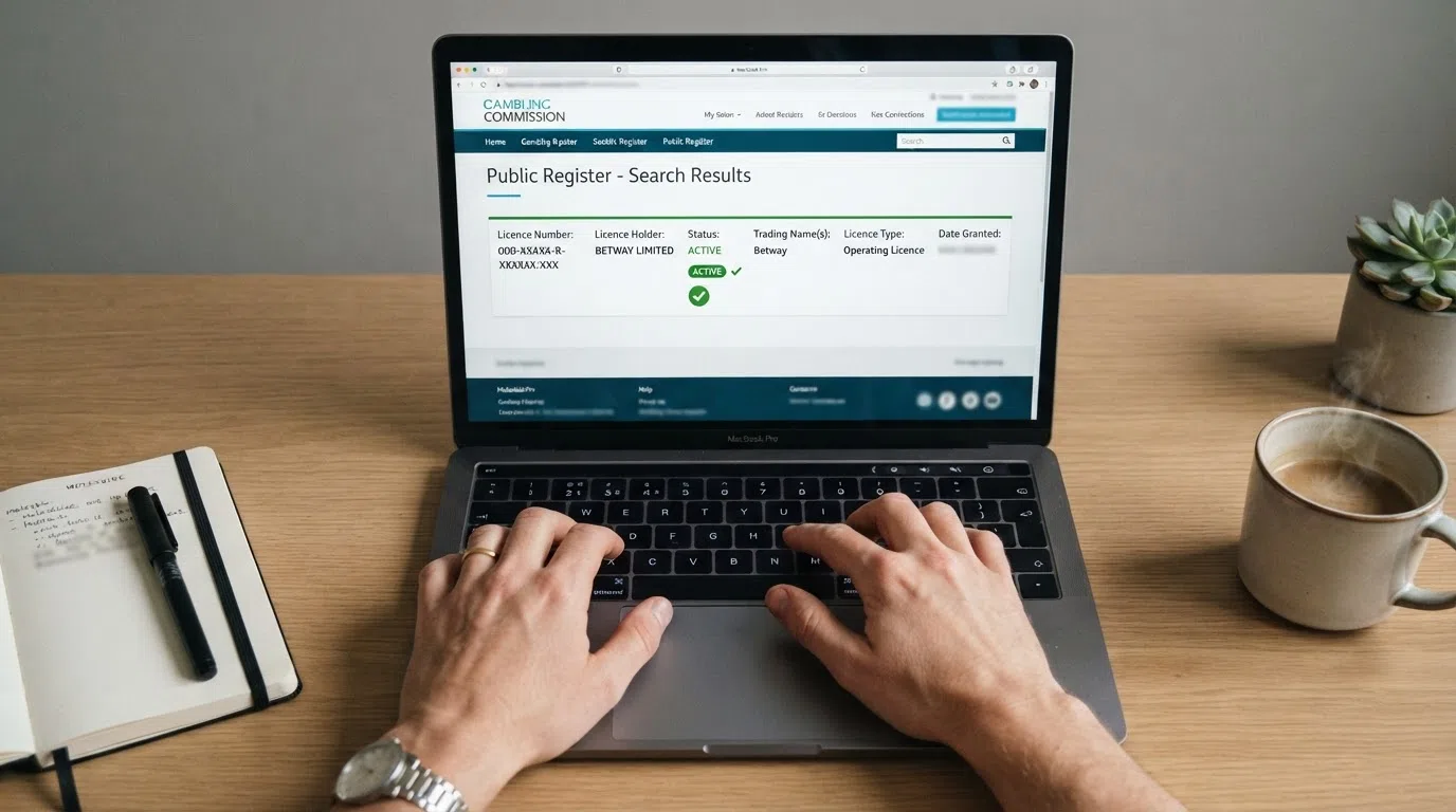 A close-up crop of a Gambling Commission public register search-result screen, showing a licence-holder name and status field, with personal details blurred out