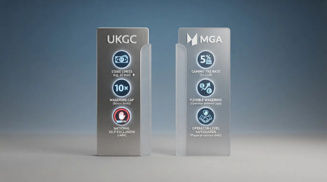 Side-by-side illustration of the UK Gambling Commission and Malta Gaming Authority regulatory frameworks, highlighting stake limits, bonus caps and self-exclusion architecture