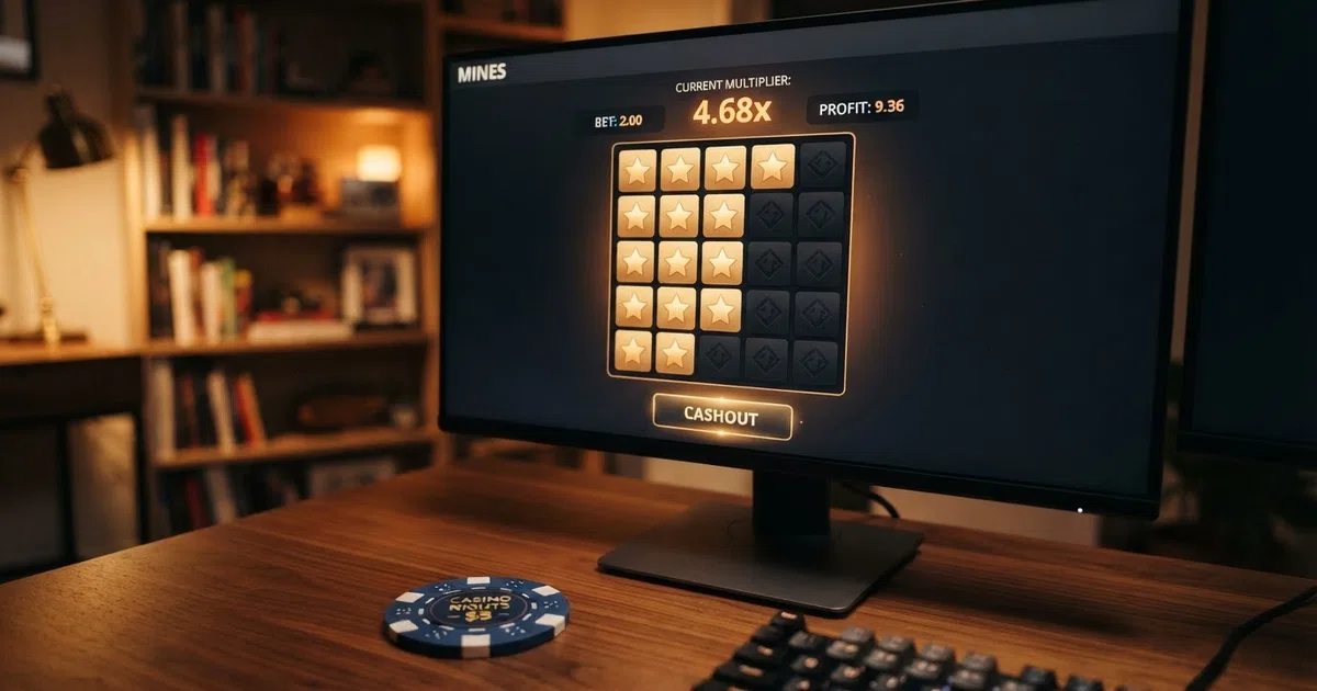 A Mines casino game grid on a desktop screen showing several revealed star tiles, a growing multiplier display and the cash-out button highlighted, with unrevealed tiles still face-down on the 5×5 board