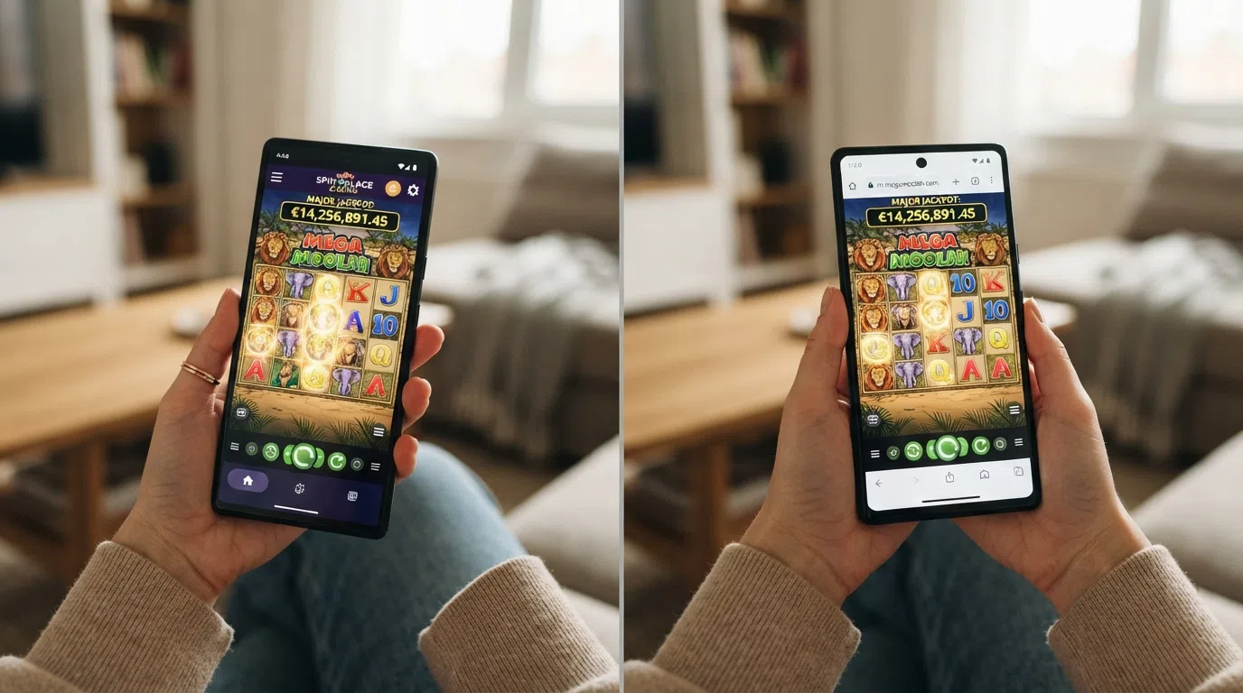 A split smartphone screen: one side showing a native casino app with a progressive jackpot slot loaded, the other showing the same slot running in a mobile browser, with the jackpot total visible on both.