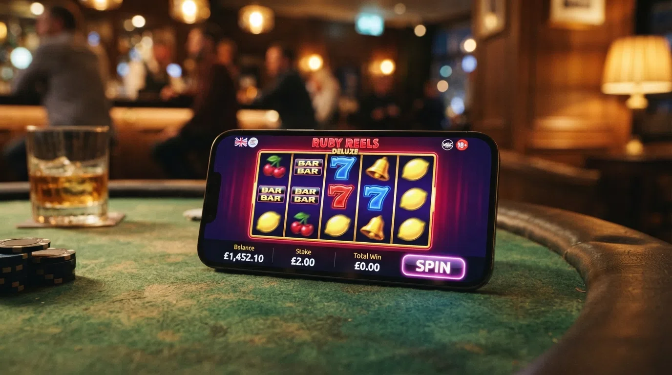 A mobile phone in landscape orientation displaying a UK-licensed online slot game with the spin button, balance display and stake selector visible on screen