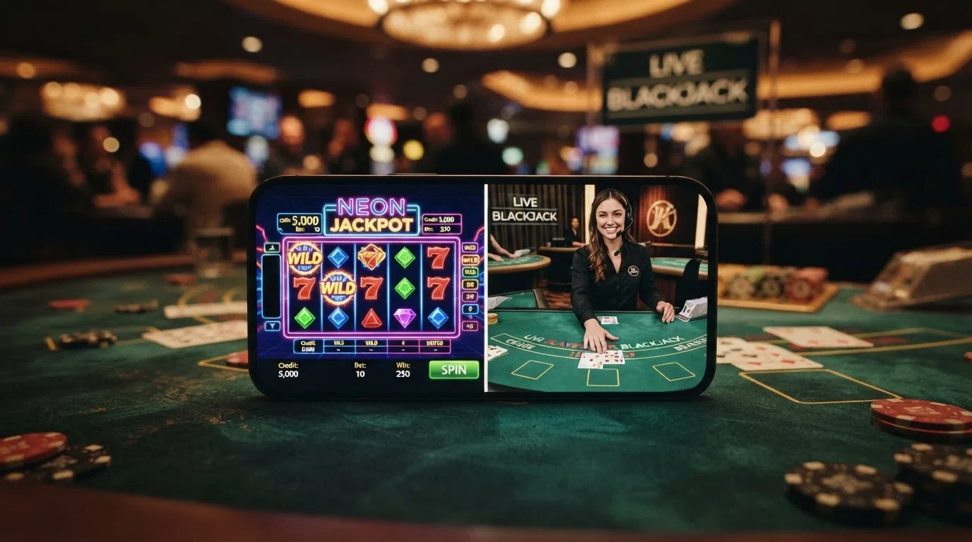 A split-screen smartphone view: a slot game (Starburst) on one side and a live-dealer blackjack table on the other