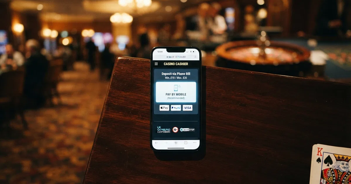 A smartphone held in one hand displaying a casino cashier screen with the “Pay By Mobile” option highlighted, set against a dark casino-lobby background