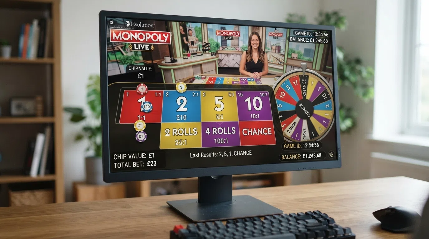 The Monopoly Live betting grid on a desktop screen showing the numbered segments 1, 2, 5 and 10 alongside the 2 Rolls, 4 Rolls and Chance bet spots before a spin