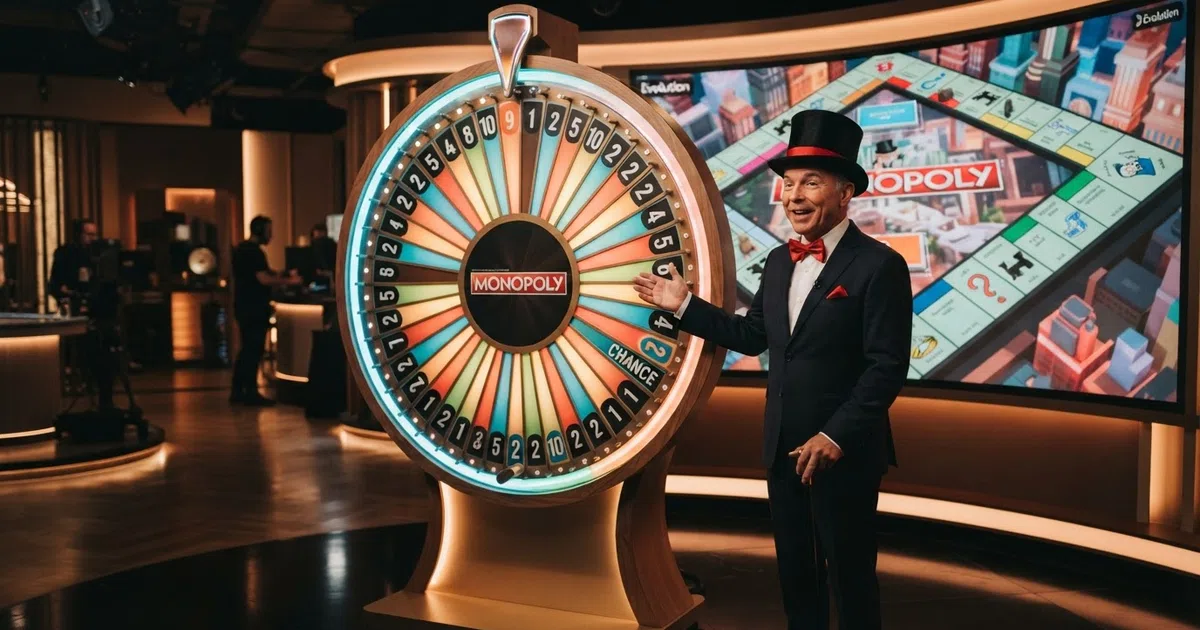 A live casino studio with a large segmented money wheel and Mr Monopoly standing beside it, with the augmented-reality 3D Monopoly board visible on screen
