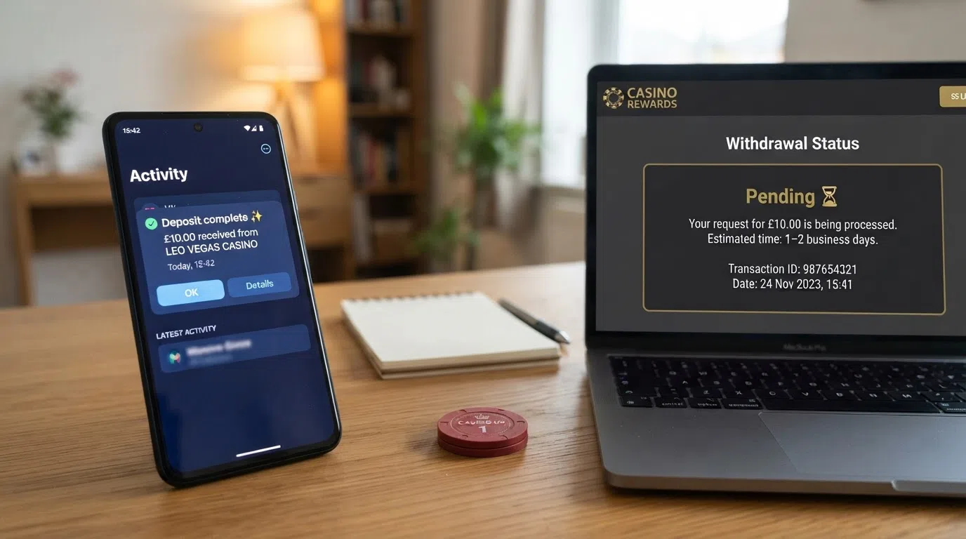 A split-frame visual: the left side shows a Monzo app notification confirming an instant deposit, the right side shows a casino withdrawal-status screen reading “pending — 1–2 business days”