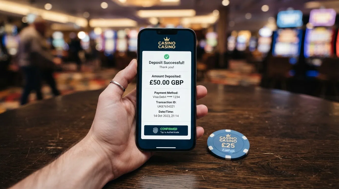 The MuchBetter deposit screen at a UK online casino cashier, with the wallet authentication prompt overlaid on a slot lobby background